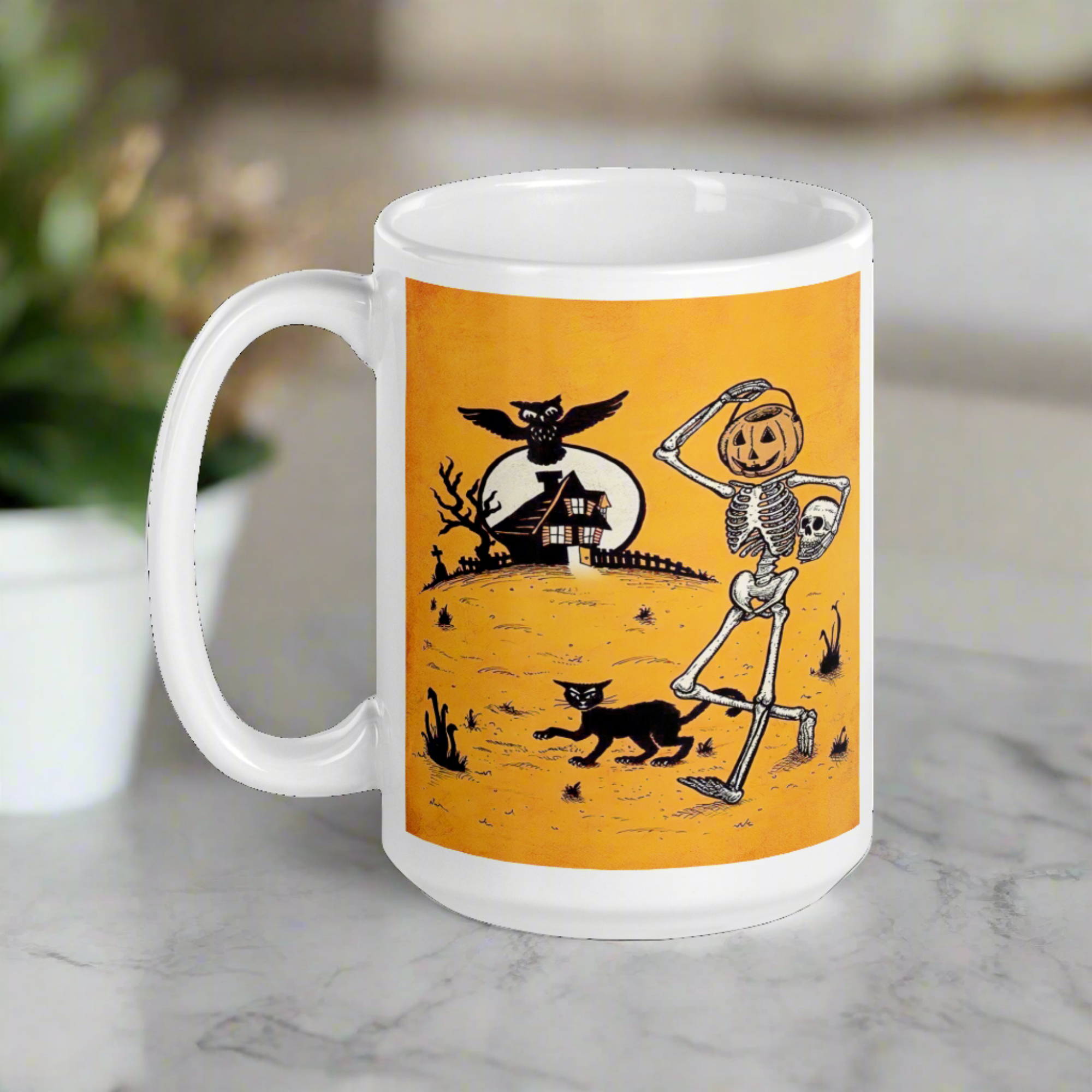 Vintage Halloween Skeleton and Jack O Lantern Bucket Coffee Mug