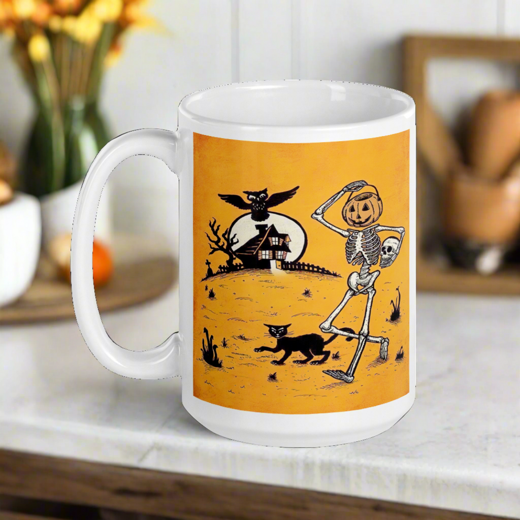 Vintage Halloween Skeleton and Jack O Lantern Bucket Coffee Mug