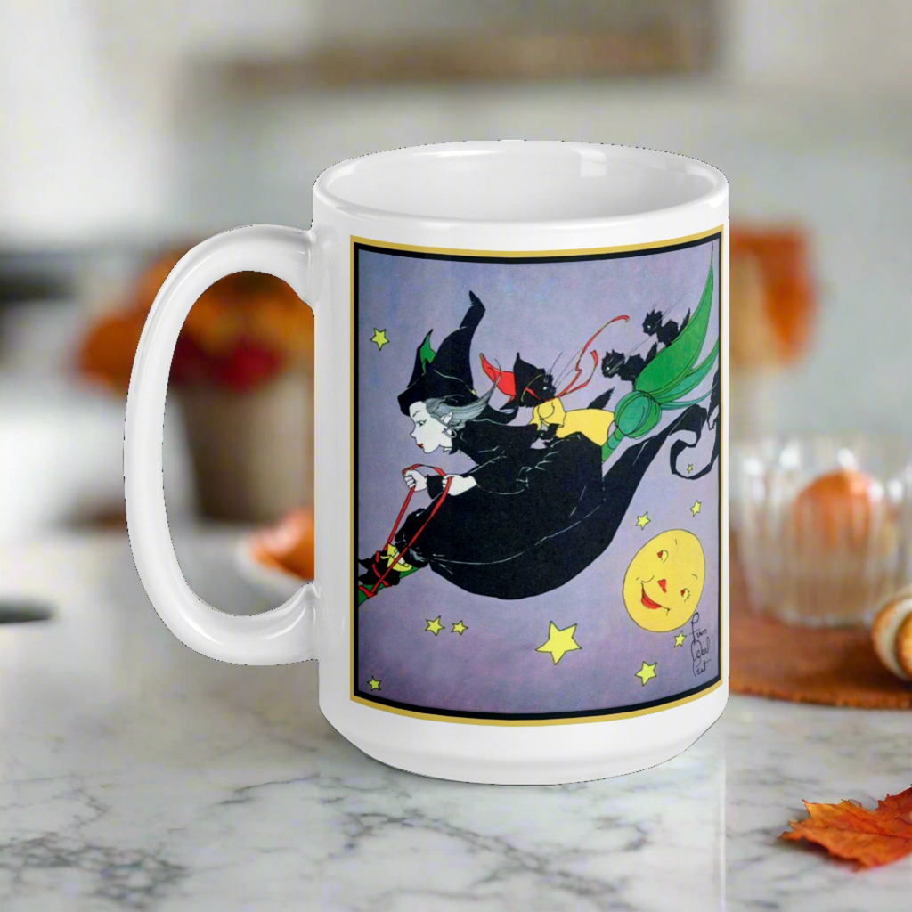 Witch Black Cats Broomride Retro Vintage Fern Bisel Peat Halloween Glossy Mug