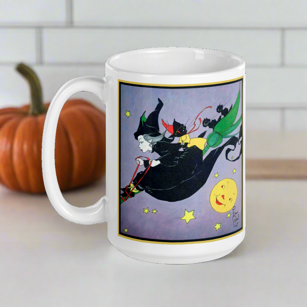 Witch Black Cats Broomride Retro Vintage Fern Bisel Peat Halloween Glossy Mug