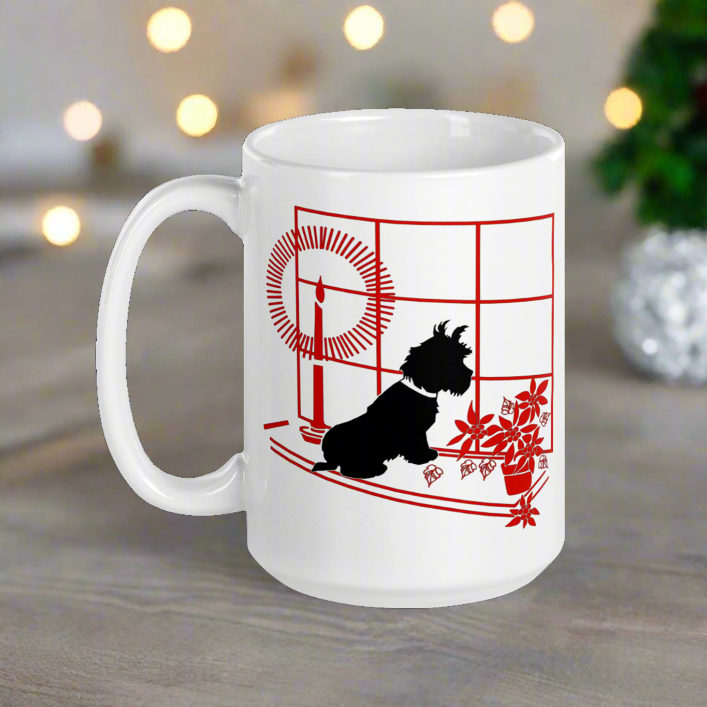 Black Scottie Dog At Window With Poinsettias And Candle Retro Vintage Print Ceramic Glossy Christmas Coffee Mug