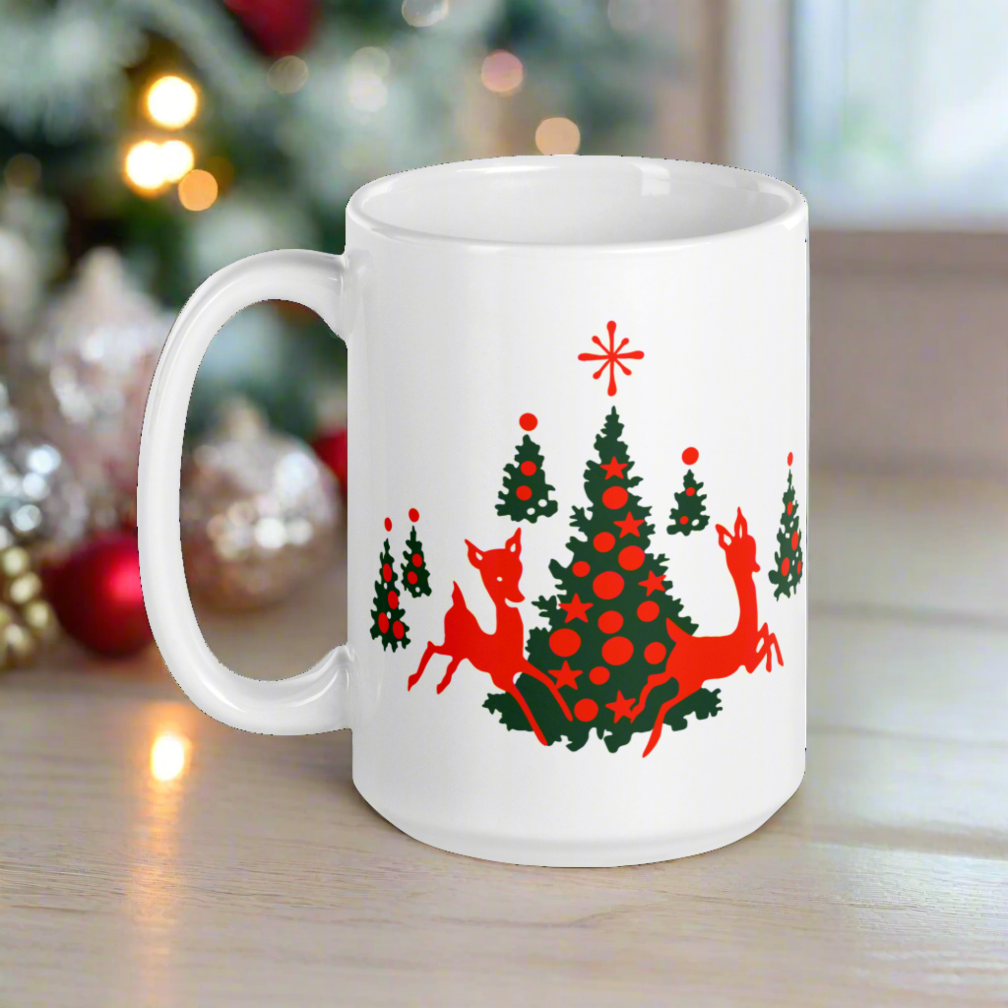 Red Reindeer Christmas Trees Mid Century Retro Christmas Print White Glossy Coffee Mug