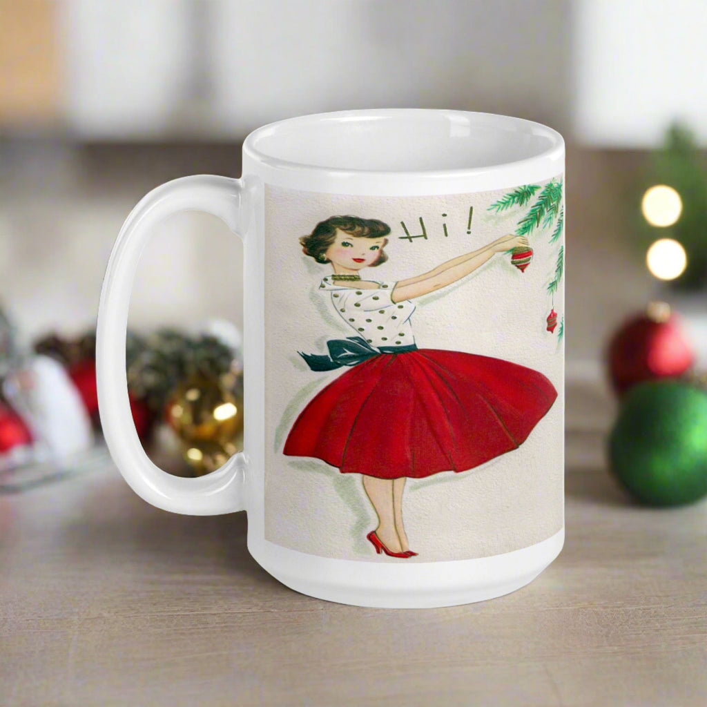 Christmas Lady Decorating Tree Glossy Coffee Mug