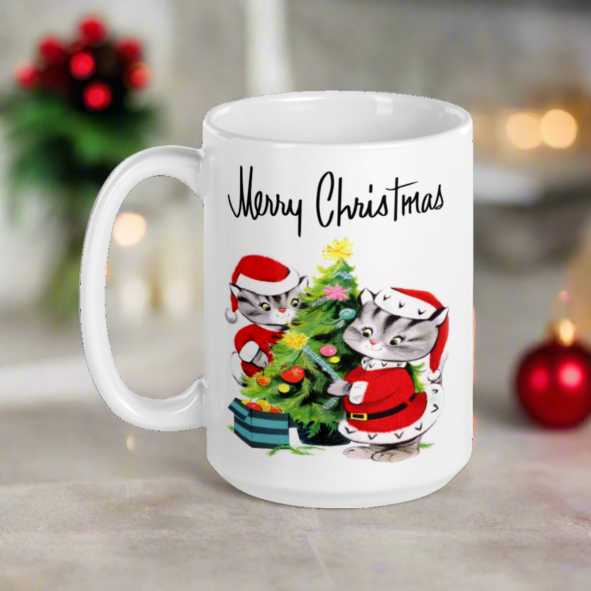 Merry Christmas Santa Christmas Cats Decorating Tree Mid Century Retro Christmas Print Glossy Mug