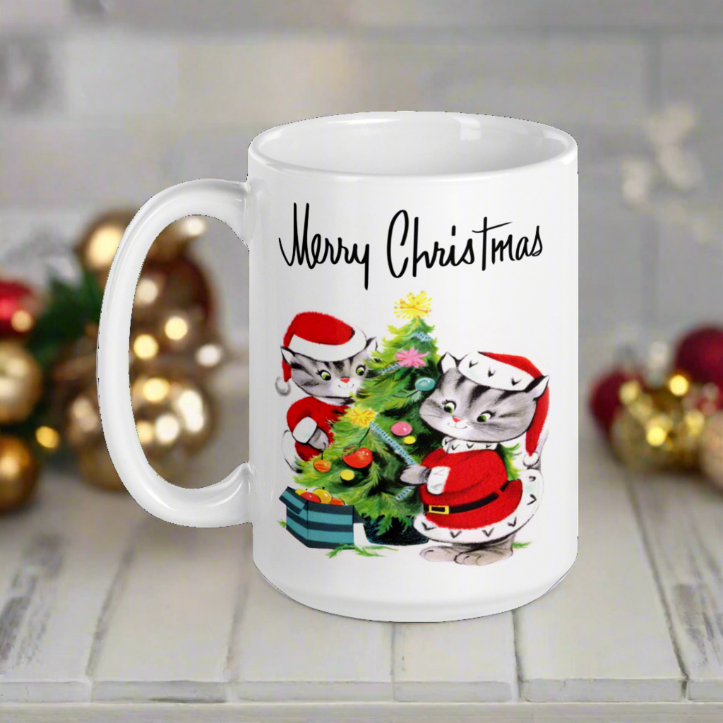 Merry Christmas Santa Christmas Cats Decorating Tree Mid Century Retro Christmas Print Glossy Mug