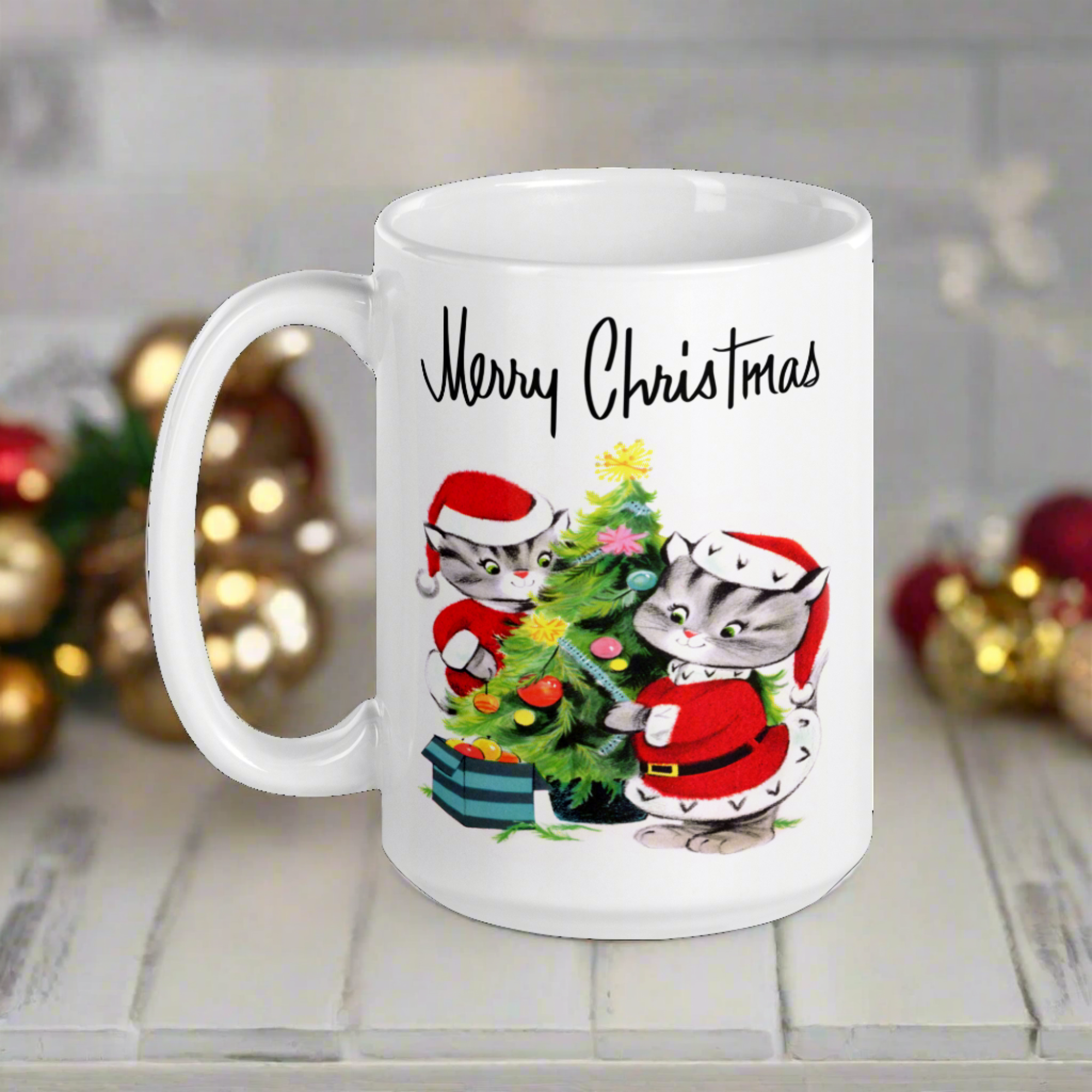 Merry Christmas Santa Christmas Cats Decorating Tree Mid Century Retro Christmas Print Glossy Mug