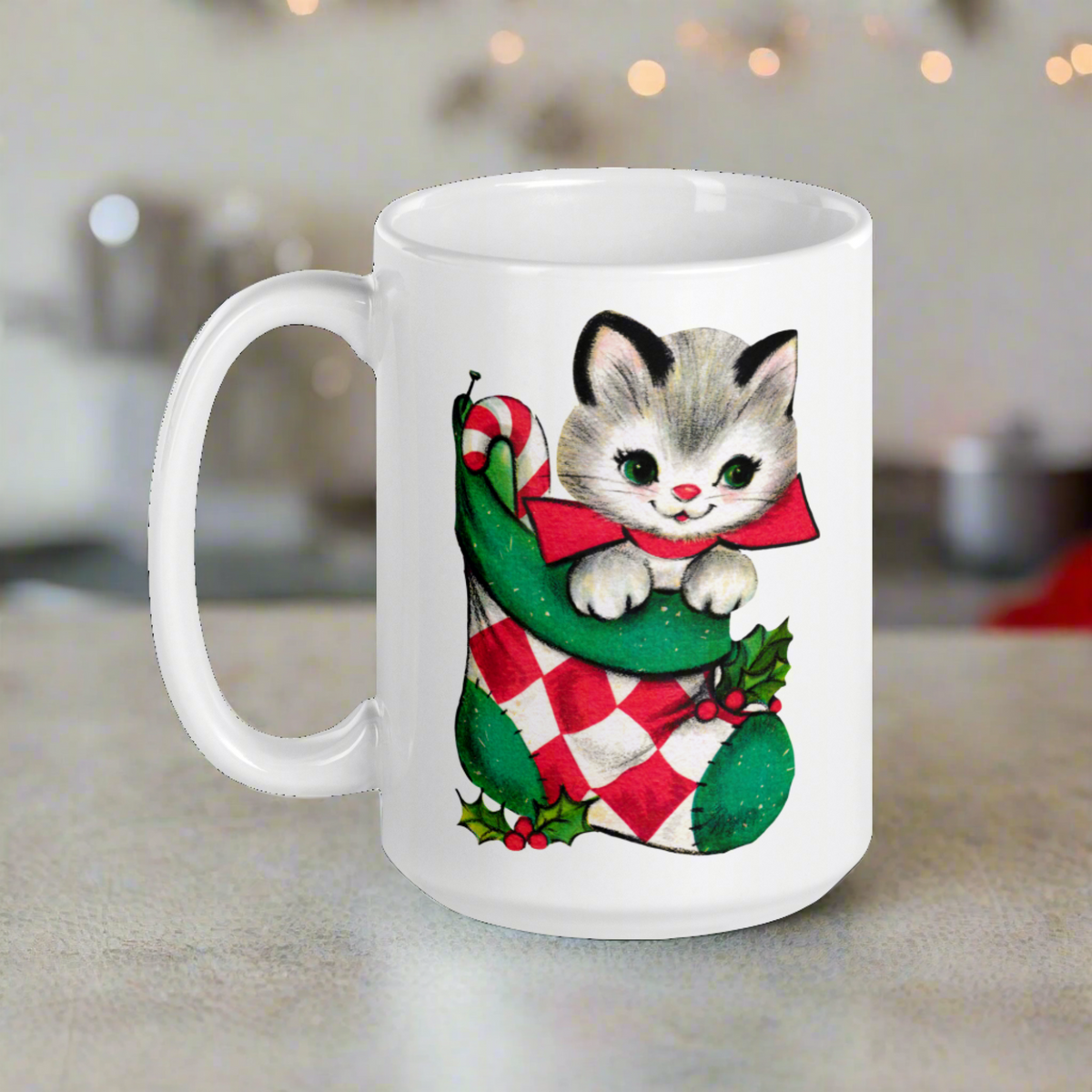Christmas Kitten In Stocking Midcentury Retro Christmas Glossy Coffee Mug