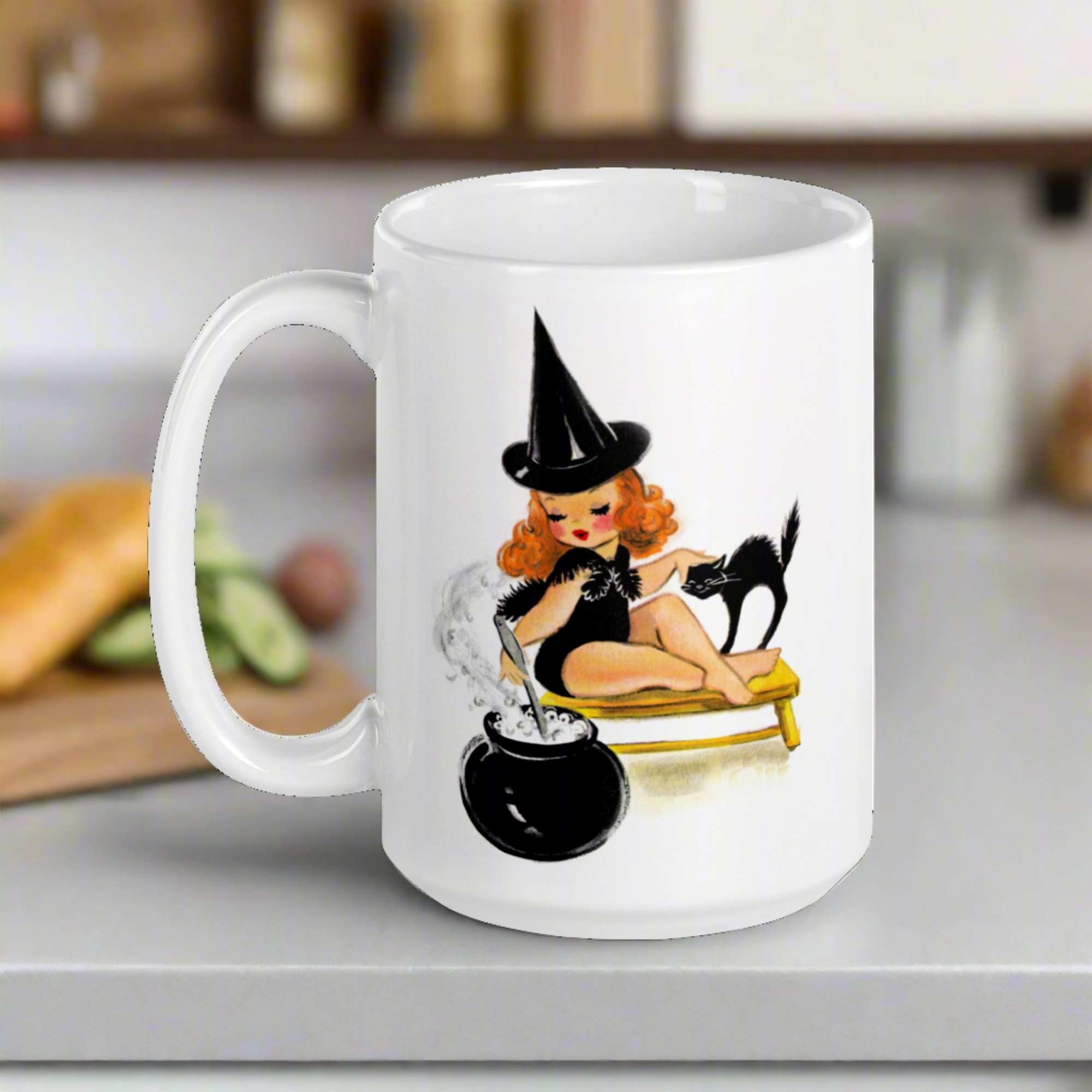 Orange Witch Black Cat Retro Halloween Print Mug