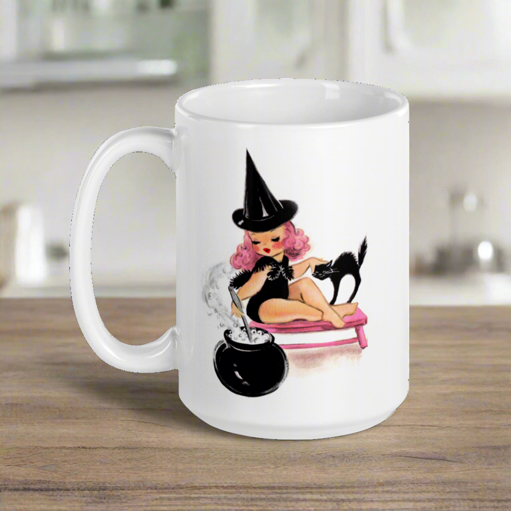 Pink Witch With Black Cat And Caulderon Halloween Retro Print Glossy Mug