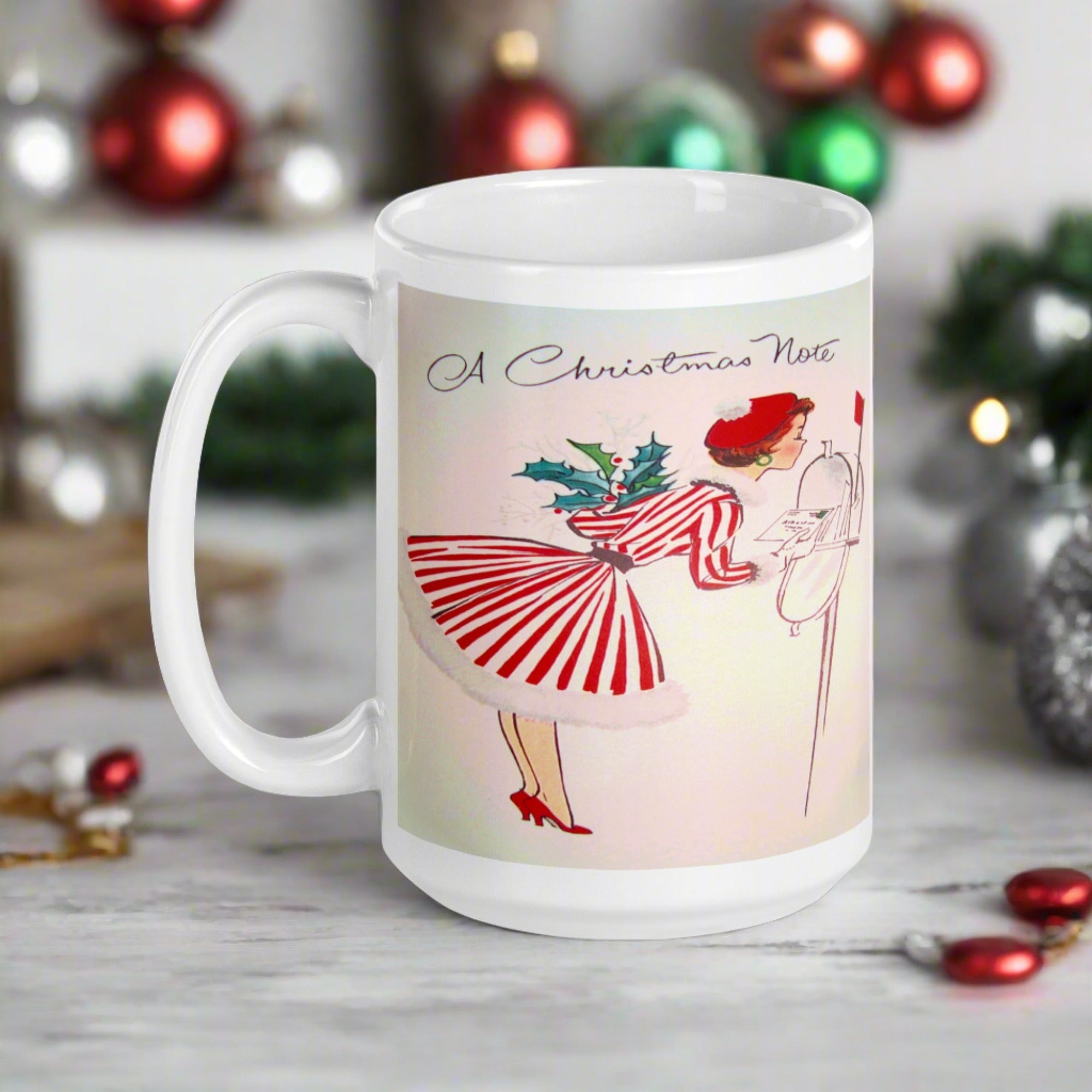 Christmas Lady At Mailbox Retro Housewife Glossy Ceramic Coffee Mug