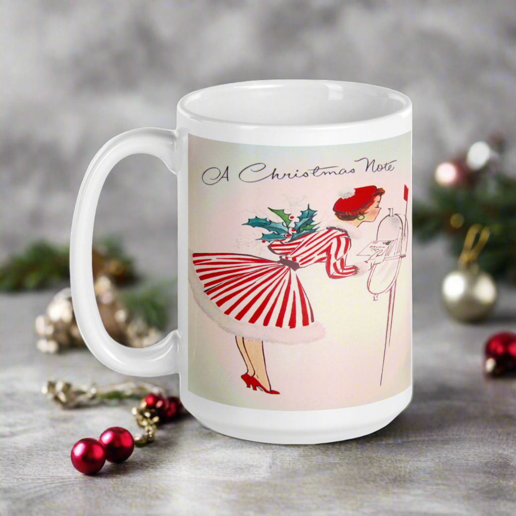 Christmas Lady At Mailbox Retro Housewife Glossy Ceramic Coffee Mug