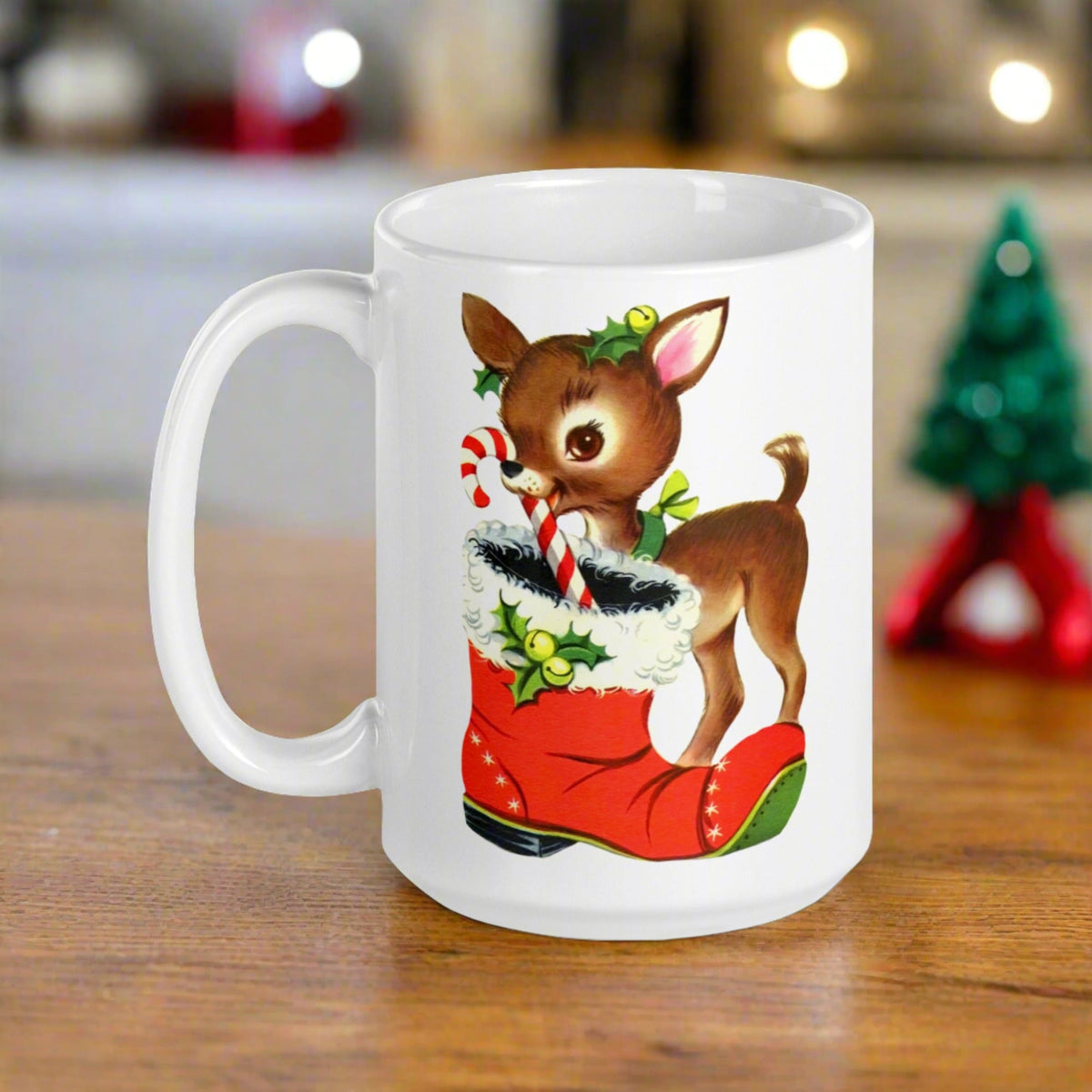 Reindeer With Candy Cane Santa's Boot Retro Christmas Glossy Coffee Mug