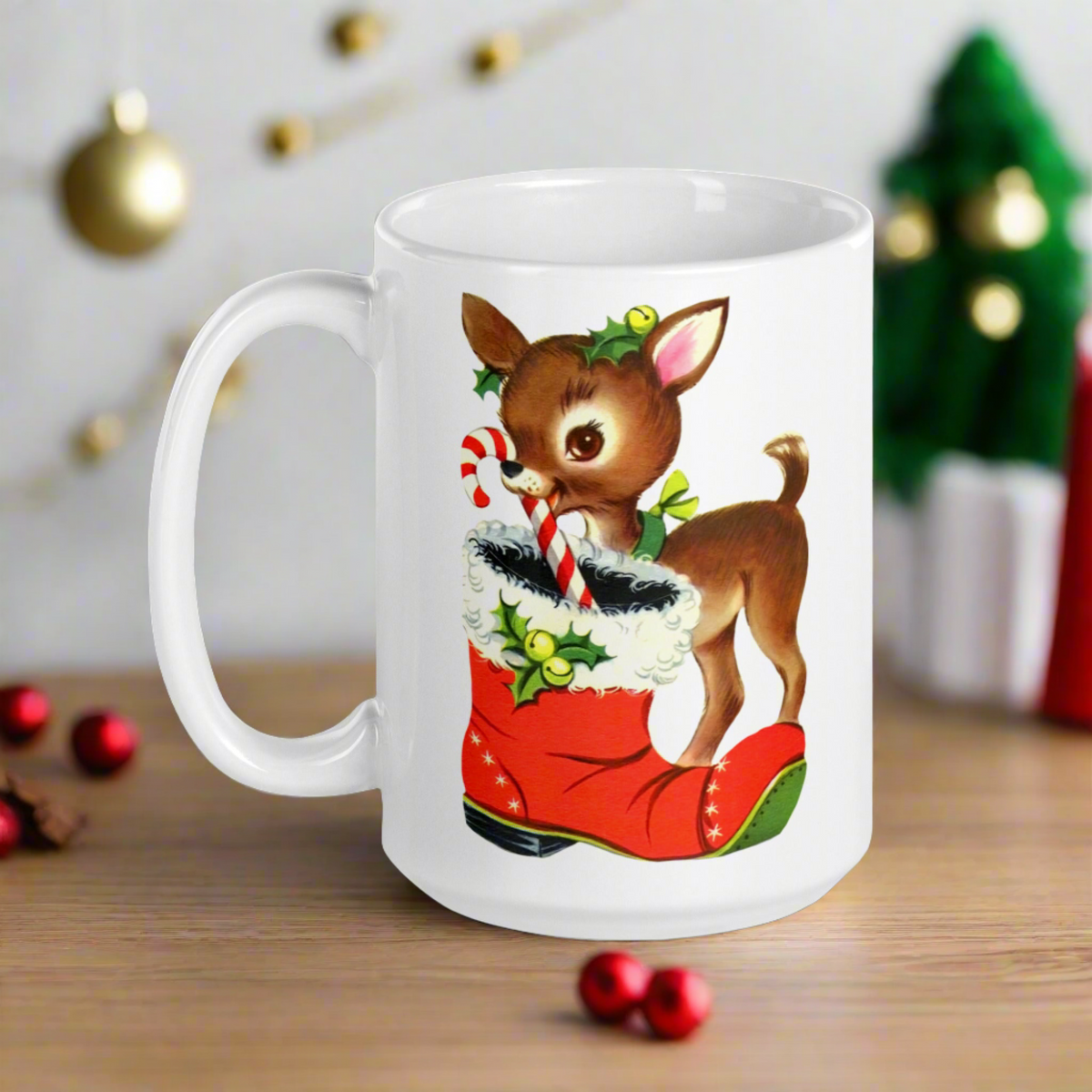 Reindeer With Candy Cane Santa's Boot Retro Christmas Glossy Coffee Mug