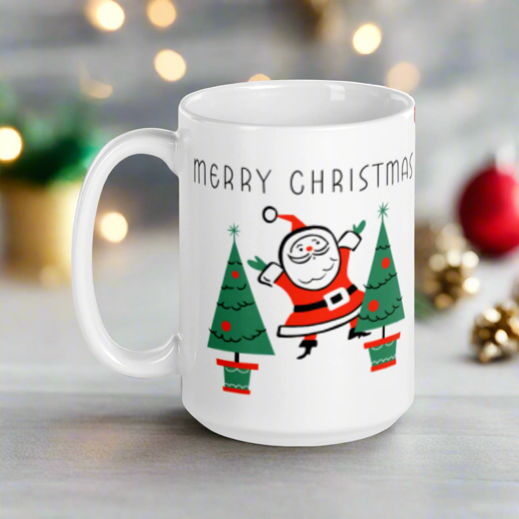 Merry Christmas Santa Trees Midcentury Glossy Coffee Mug