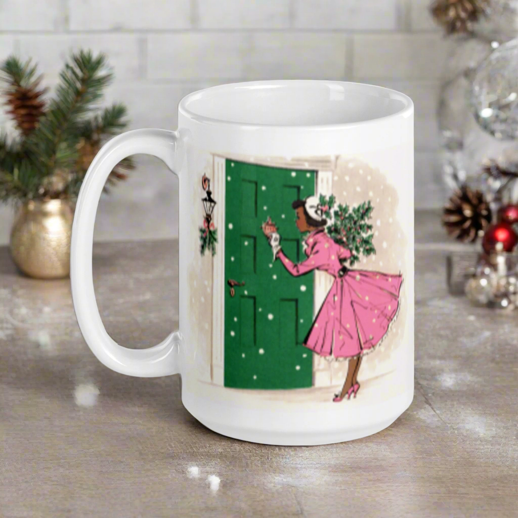 Christmas Lady Housewife With Holly Pine Glossy Coffee Mug