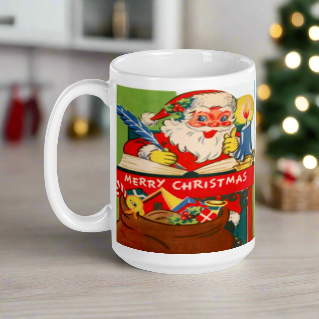 Santa At Workshop Desk Midcentury Christmas Glossy Coffee Mug