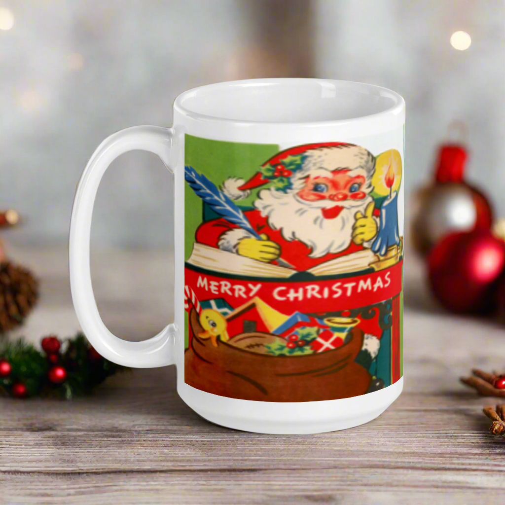 Santa At Workshop Desk Midcentury Christmas Glossy Coffee Mug