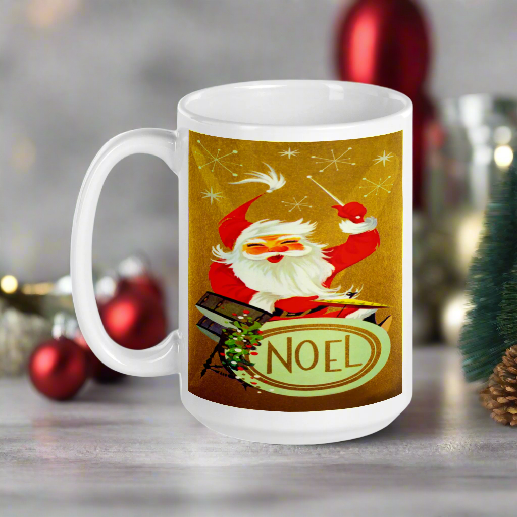 Santa Playing The Drums Retro Glossy Coffee Mug
