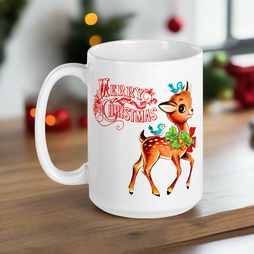 Merry Christmas Reindeer Bluebirds Midcentury Retro Coffee Mug