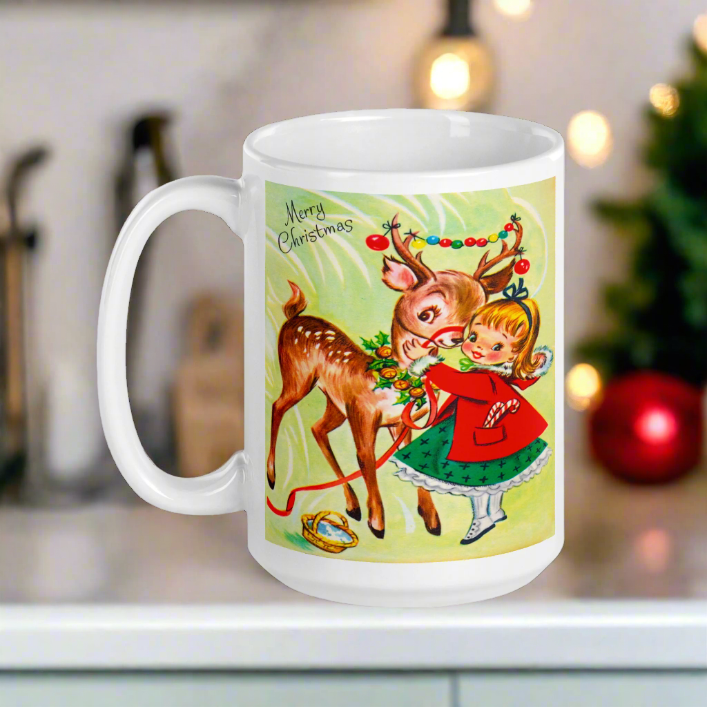 Girl With Reindeer Midcentury Retro Christmas Glossy Coffee Mug