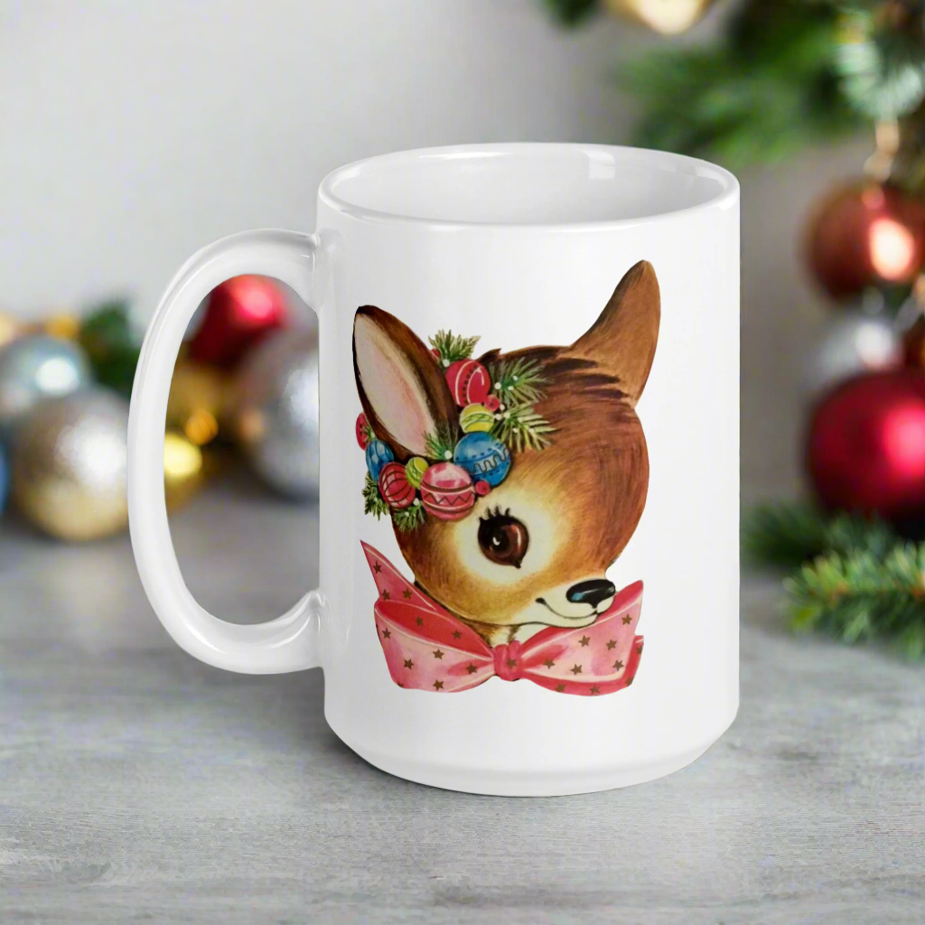 Reindeer Pink Bow Midcentury Retro Christmas Glossy Coffee Mug