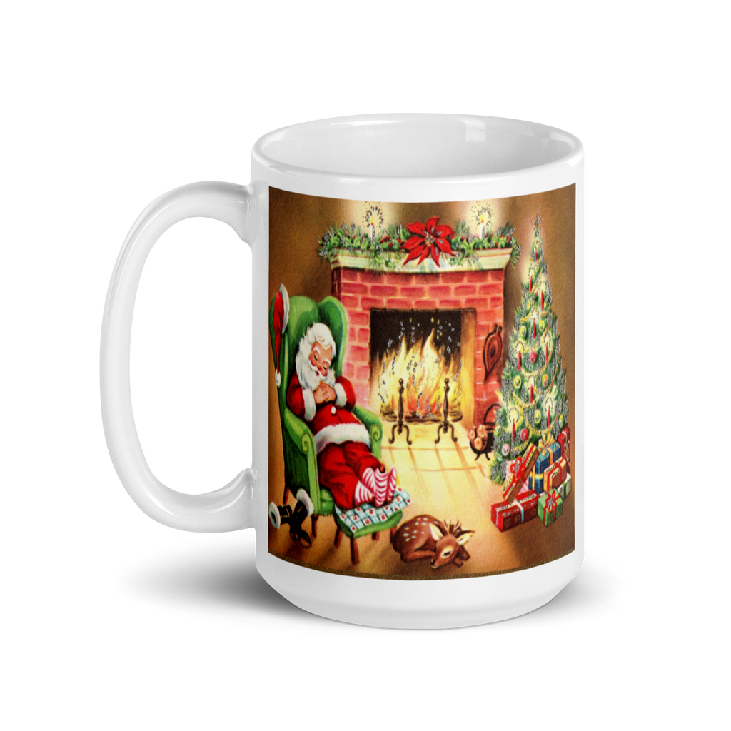 Santa Sleeping By Fireplace Retro Print Glossy Mug