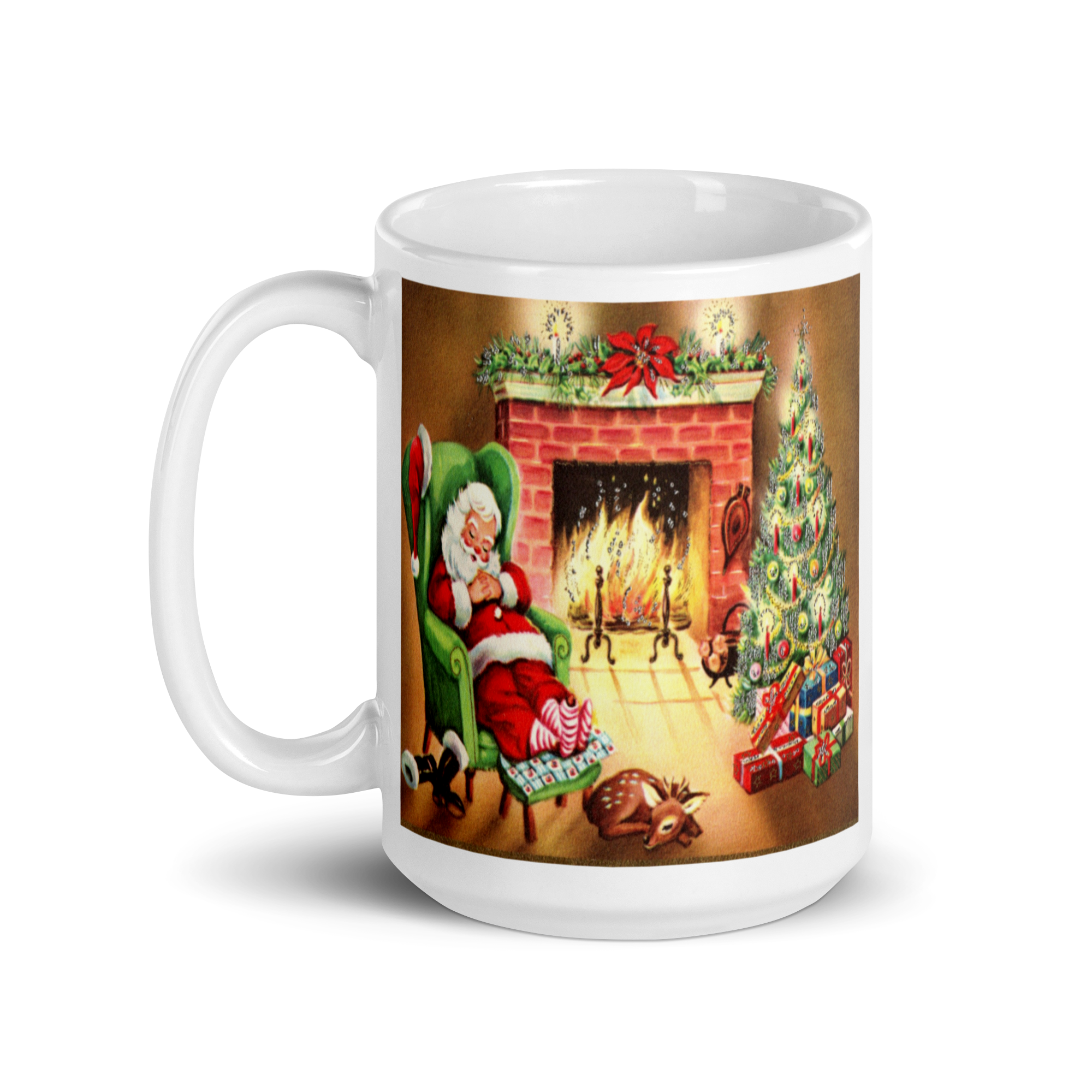 Santa Sleeping By Fireplace Retro Print Glossy Mug
