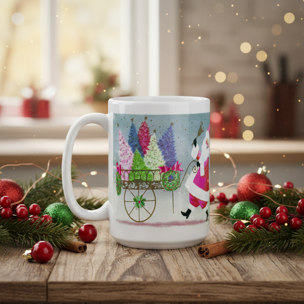 Santa Ringing Bell Mid Century Retro Christmas Print Glossy Mug