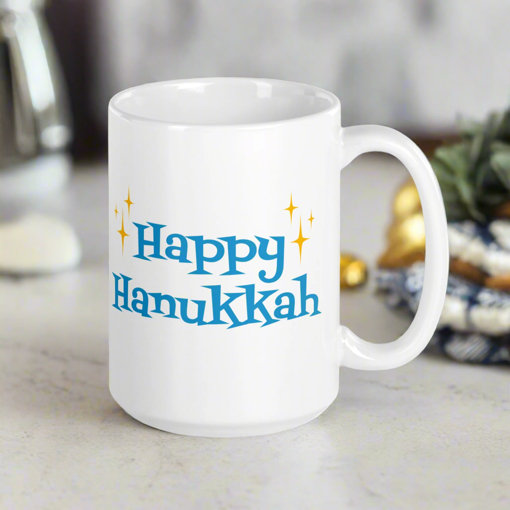 Happy Hanukkah Starburst Atomic Mid Century Glossy Coffee Mug