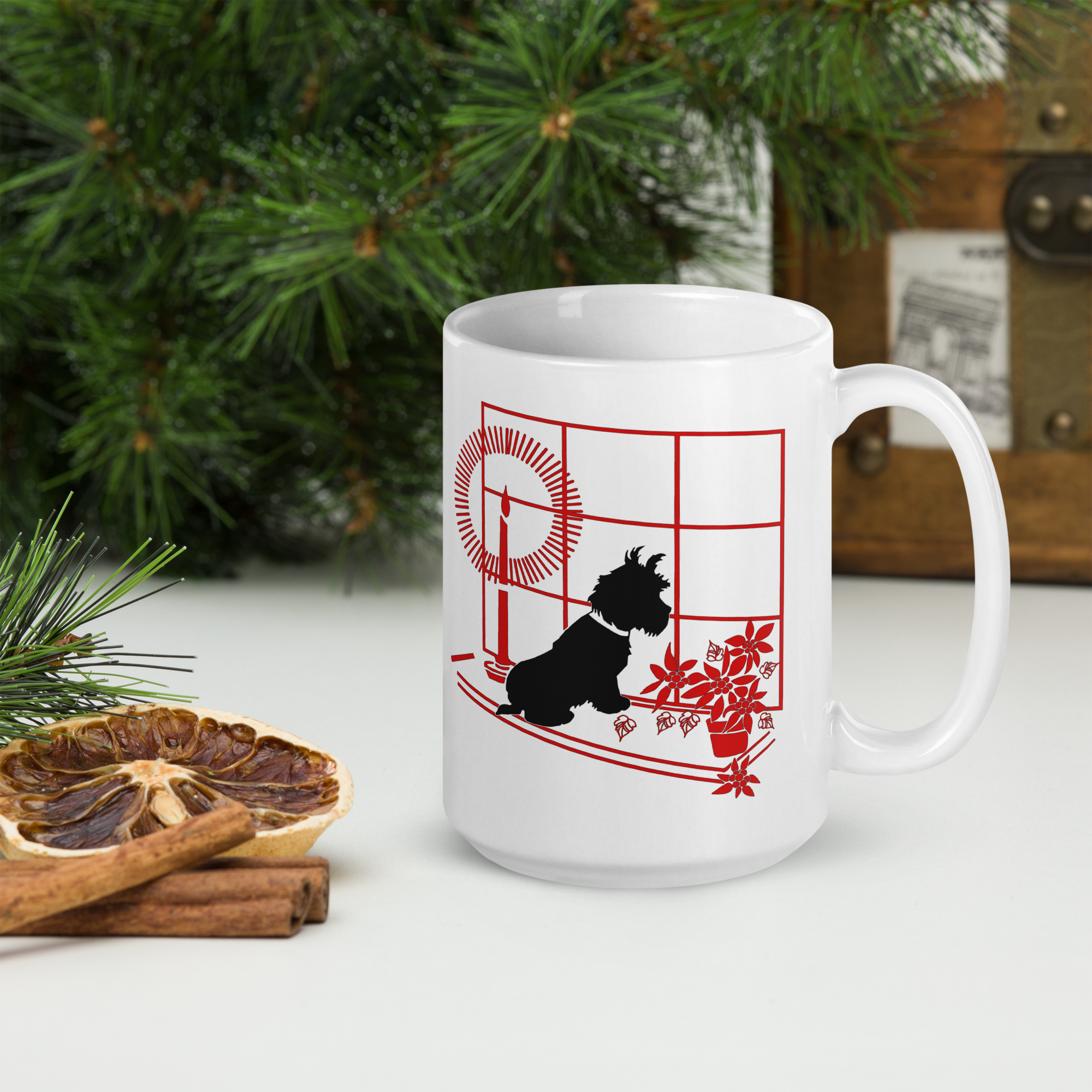 Black Scottie Dog At Window With Poinsettias And Candle Retro Vintage Print Ceramic Glossy Christmas Coffee Mug