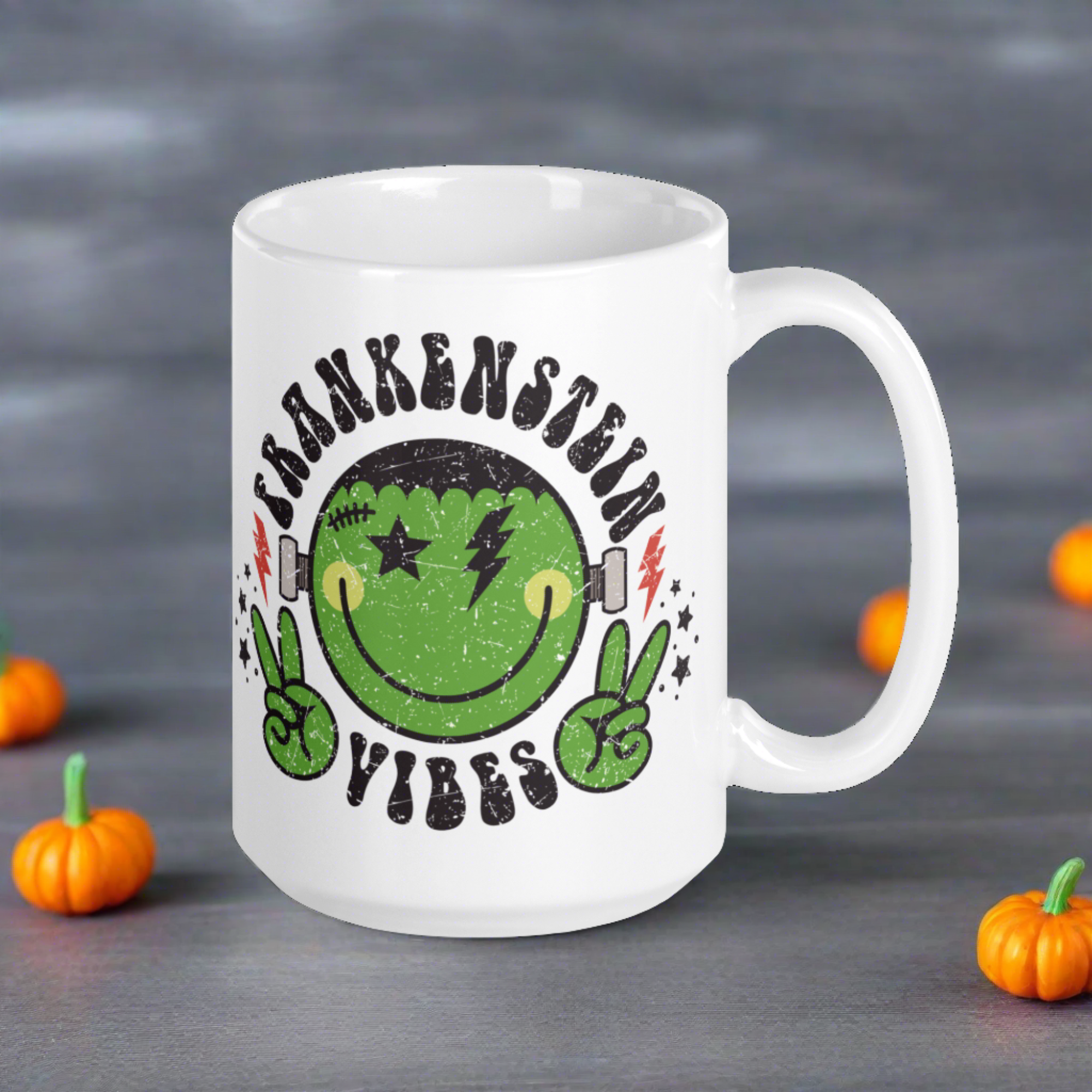 Frankenstein Vibes Distressed Style Halloween Glossy Coffee Mug