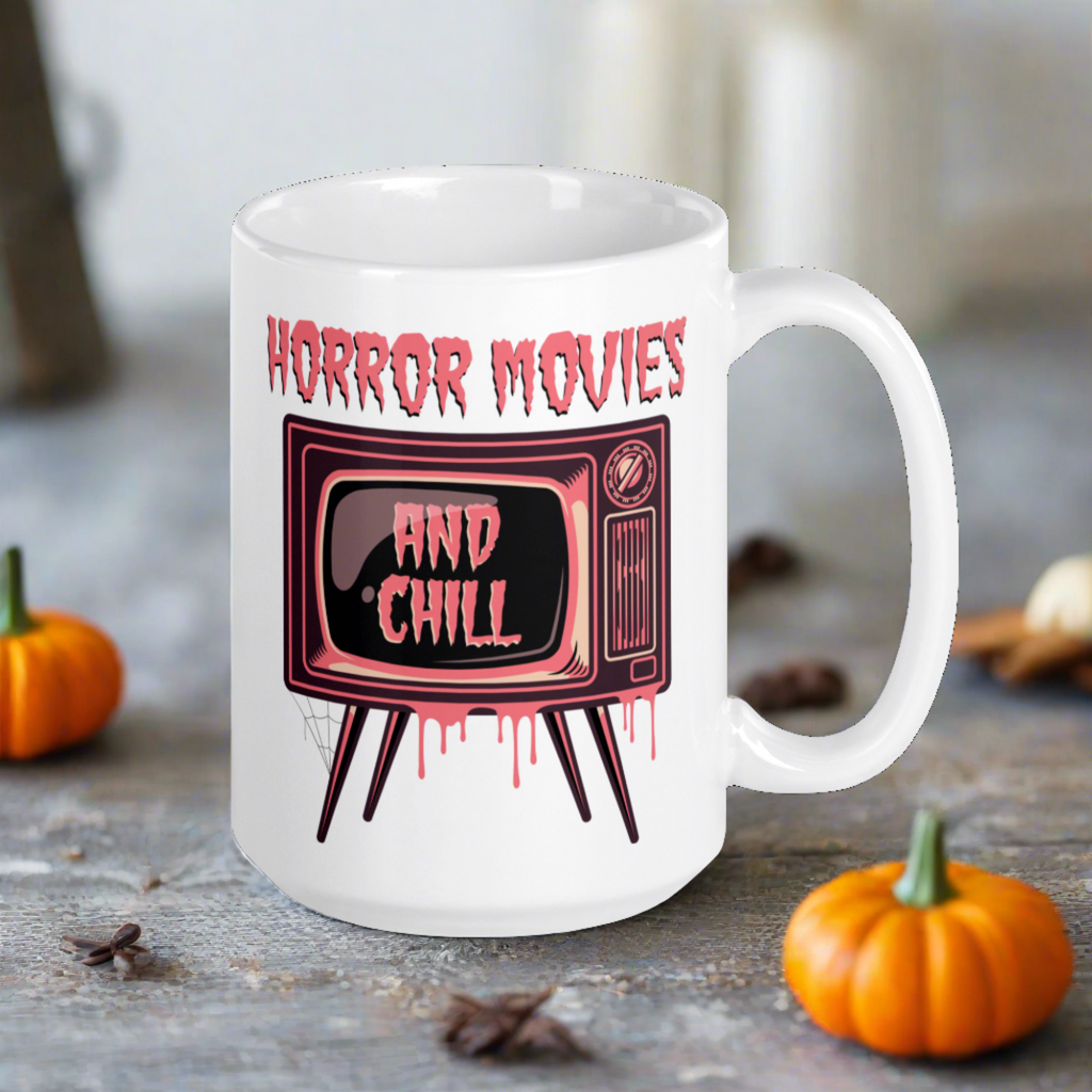 Horror Movies And Chill Retro Television Halloween Print Glossy Coffee Mug