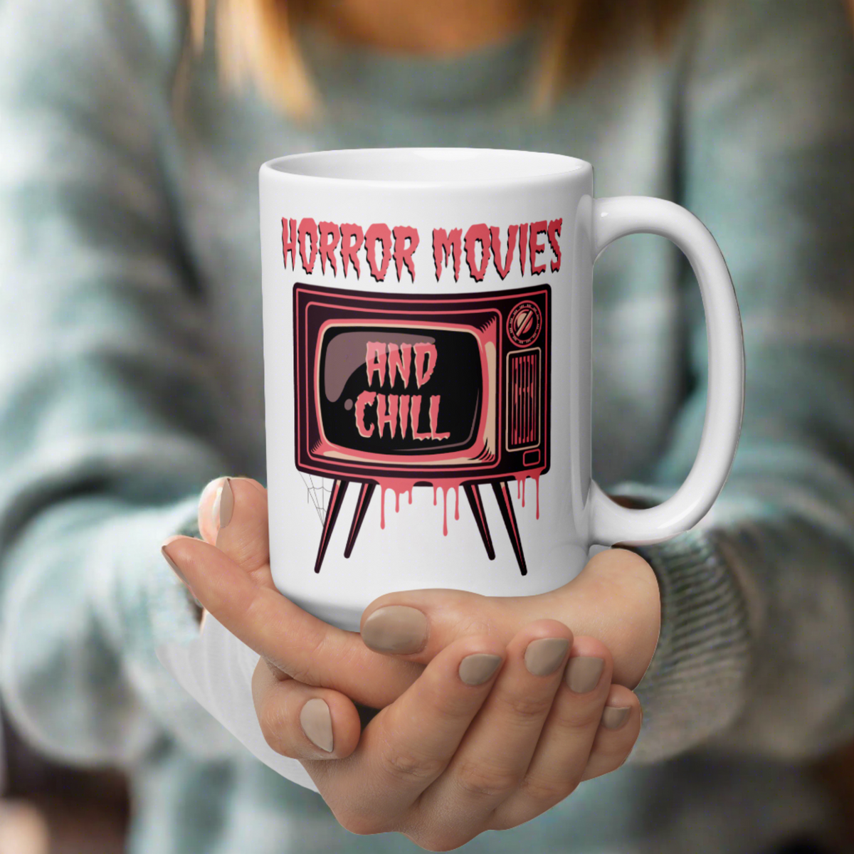 Horror Movies And Chill Retro Television Halloween Print Glossy Coffee Mug