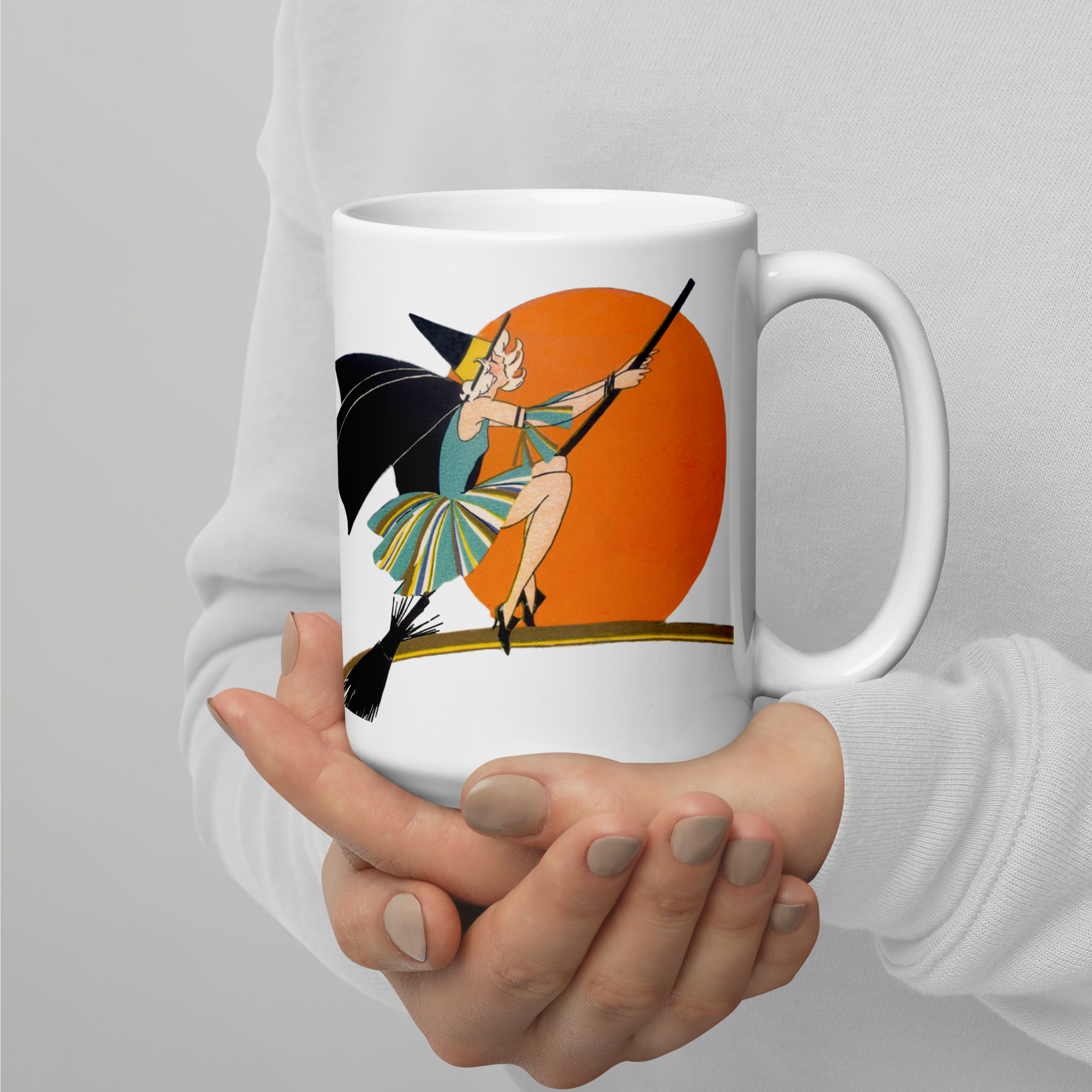 Flying Flapper Witch On Broom Orange Moon Retro Halloween Print Glossy Mug