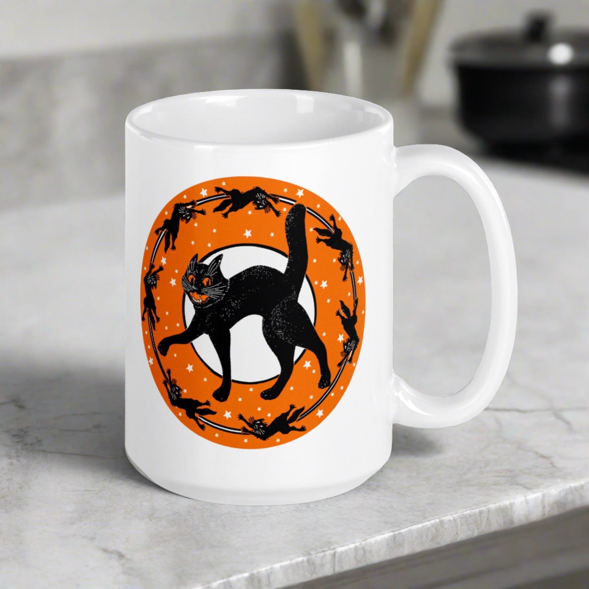 Black Cats Full Moon Retro Vintage Halloween Glossy Coffee Mug