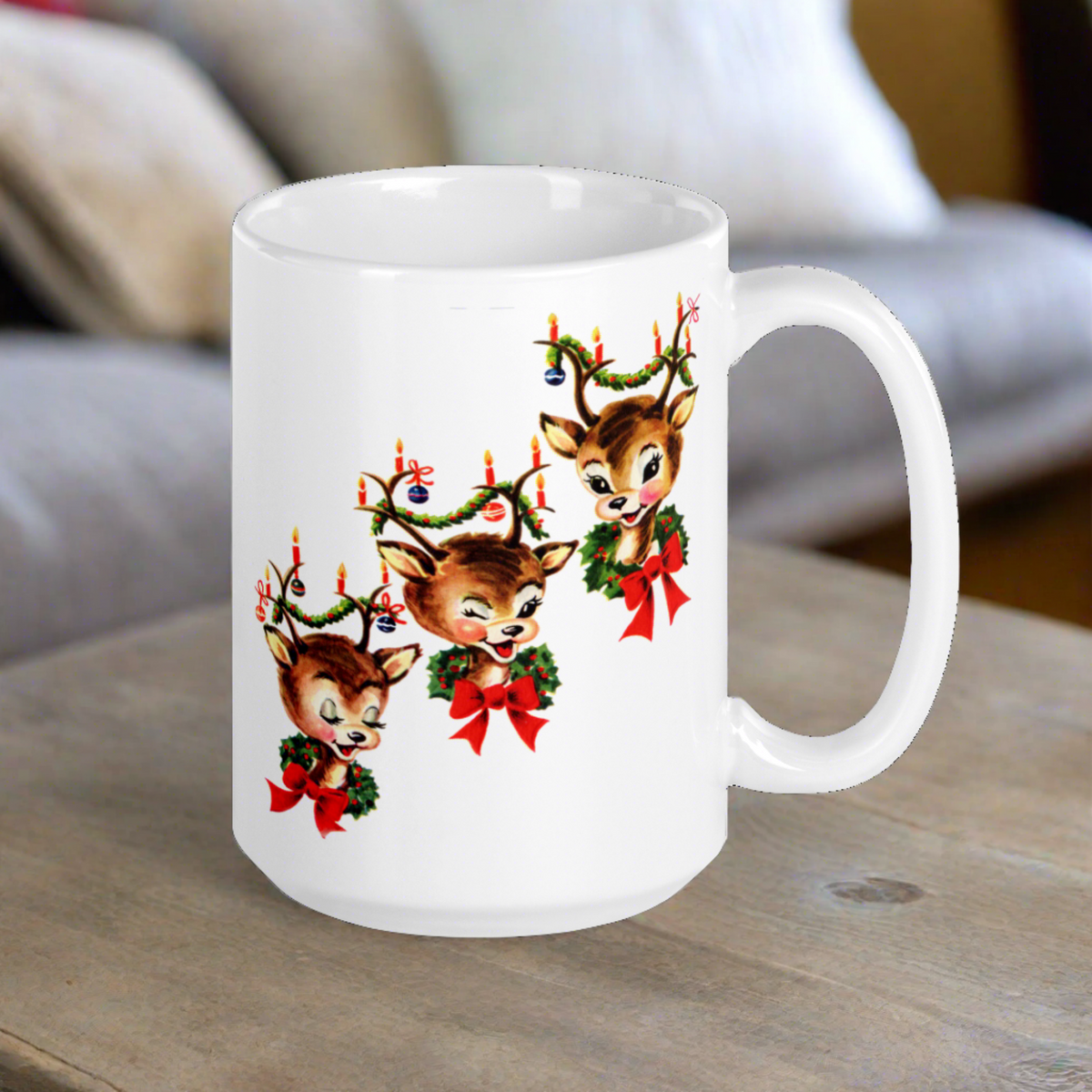 Three Reindeer Retro Vintage Christmas Glossy Coffee Mug