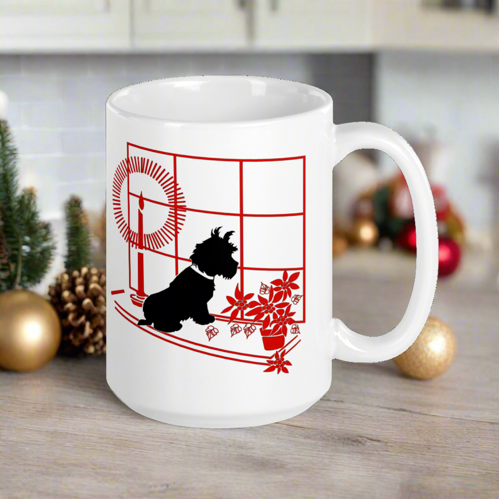 Black Scottie Dog At Window With Poinsettias And Candle Retro Vintage Print Ceramic Glossy Christmas Coffee Mug