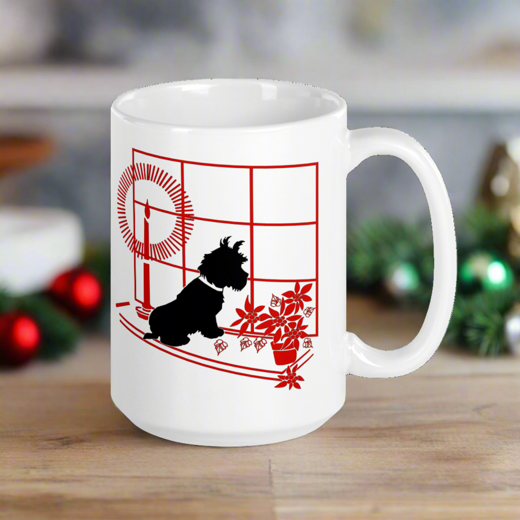 Black Scottie Dog At Window With Poinsettias And Candle Retro Vintage Print Ceramic Glossy Christmas Coffee Mug