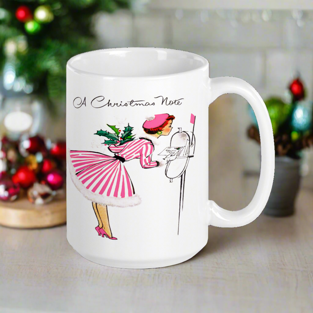 A Christmas Note Lady At Mailbox Retro Christmas Print Glossy Coffee Mug