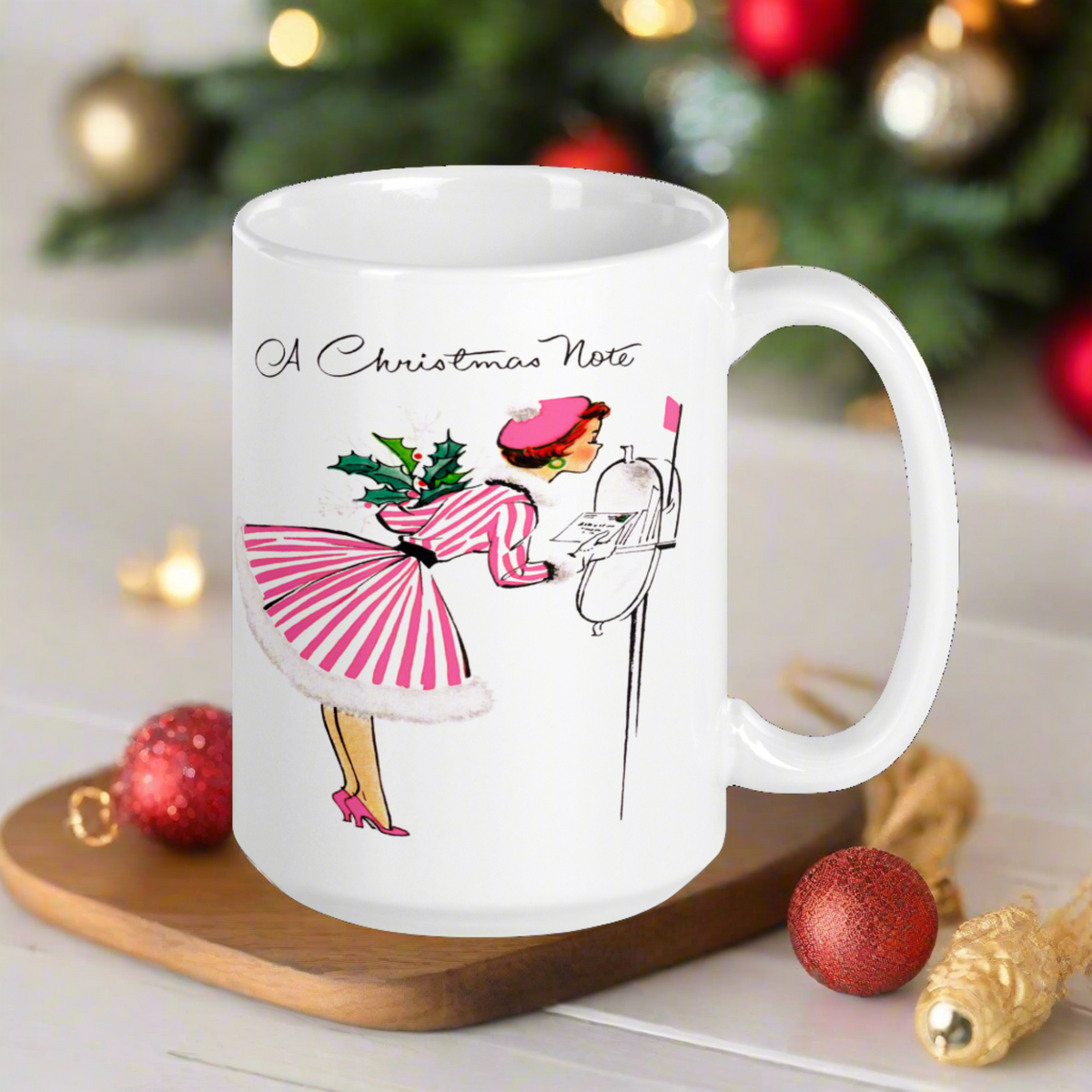 A Christmas Note Lady At Mailbox Retro Christmas Print Glossy Coffee Mug