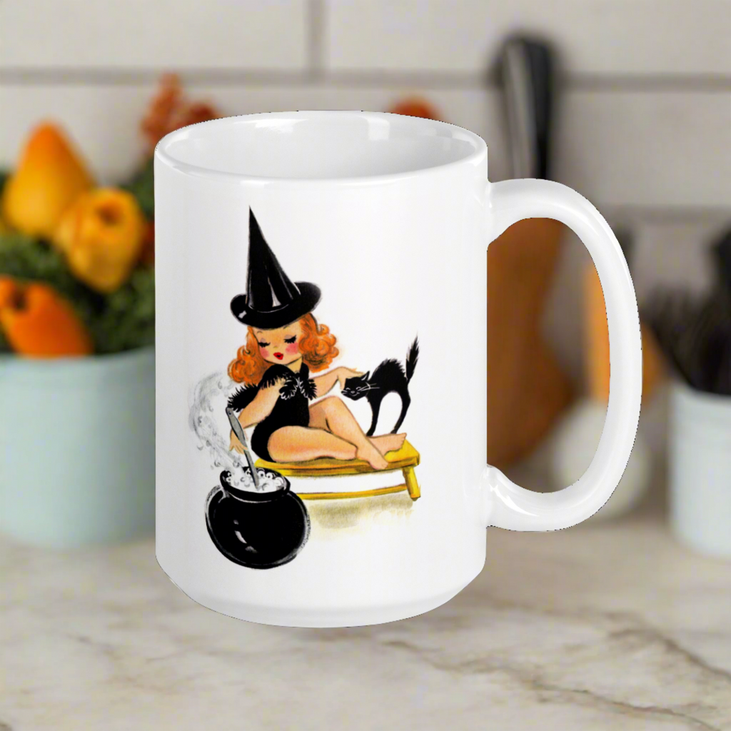 Orange Witch Black Cat Retro Halloween Print Mug