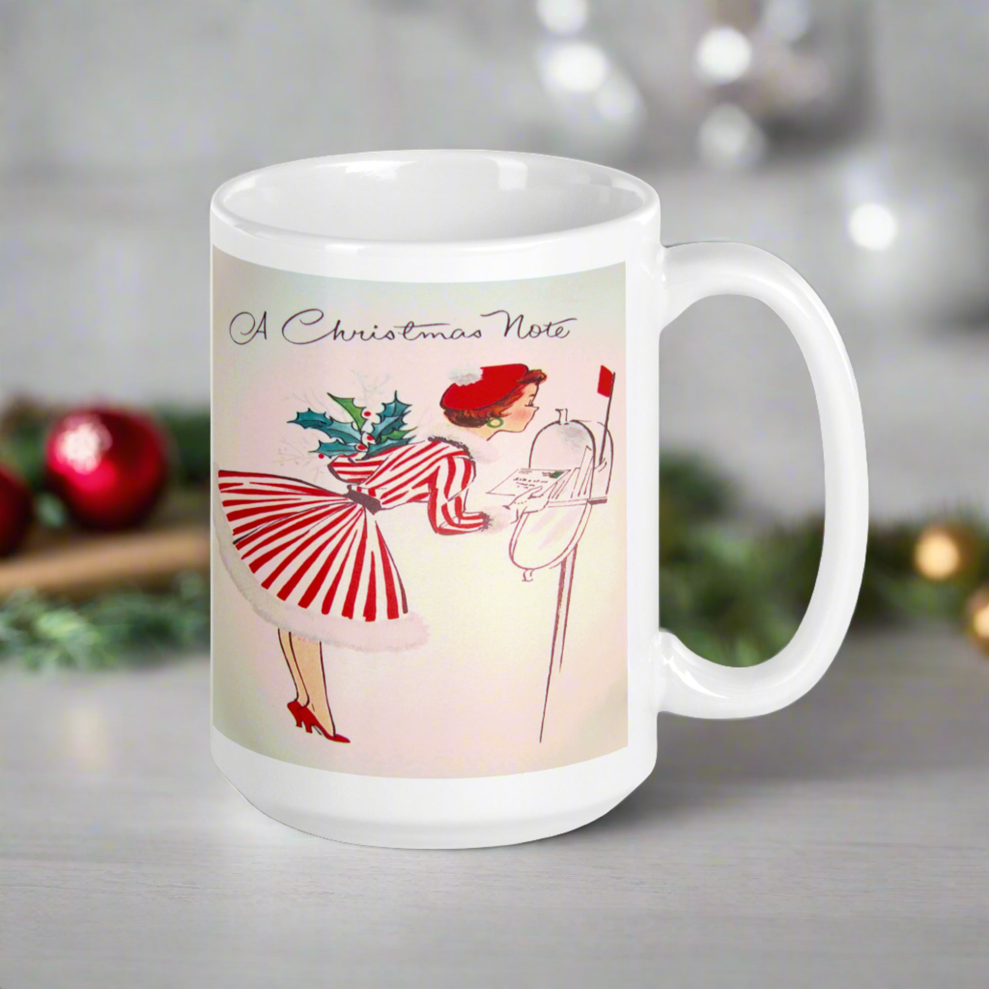 Christmas Lady At Mailbox Retro Housewife Glossy Ceramic Coffee Mug