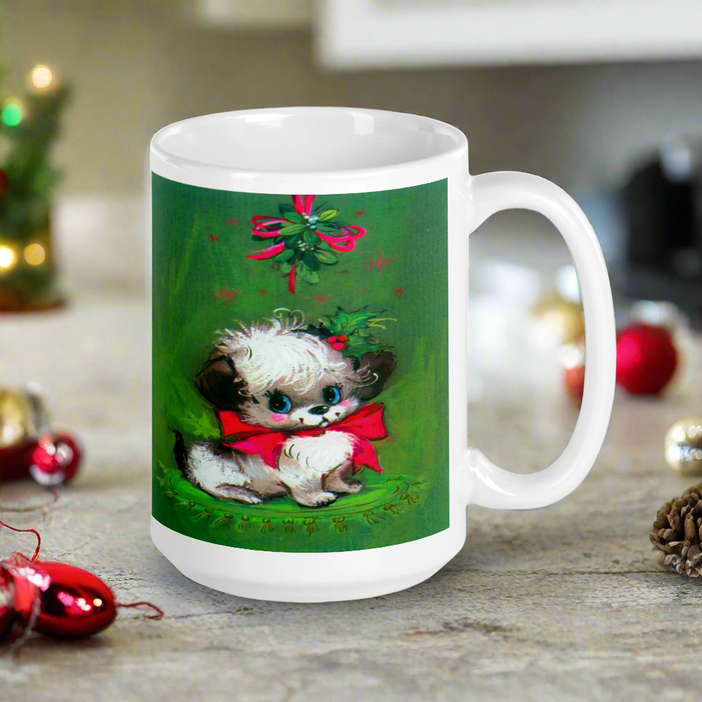 Christmas Puppy Under The Mistletoe Glossy Coffee Mug