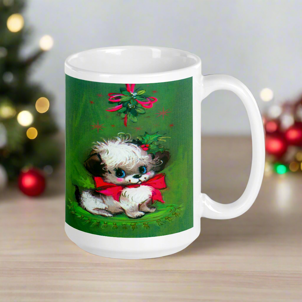Christmas Puppy Under The Mistletoe Glossy Coffee Mug