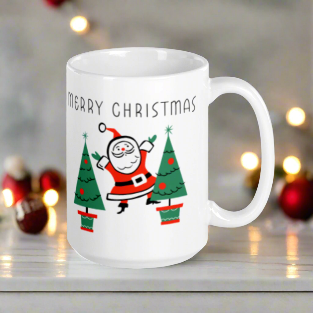 Merry Christmas Santa Trees Midcentury Glossy Coffee Mug