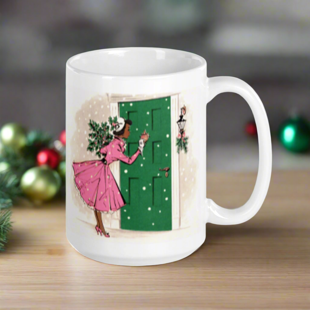 Christmas Lady Housewife With Holly Pine Glossy Coffee Mug