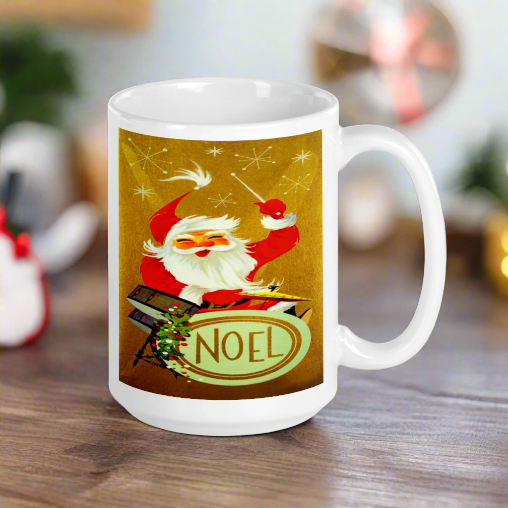 Santa Playing The Drums Retro Glossy Coffee Mug