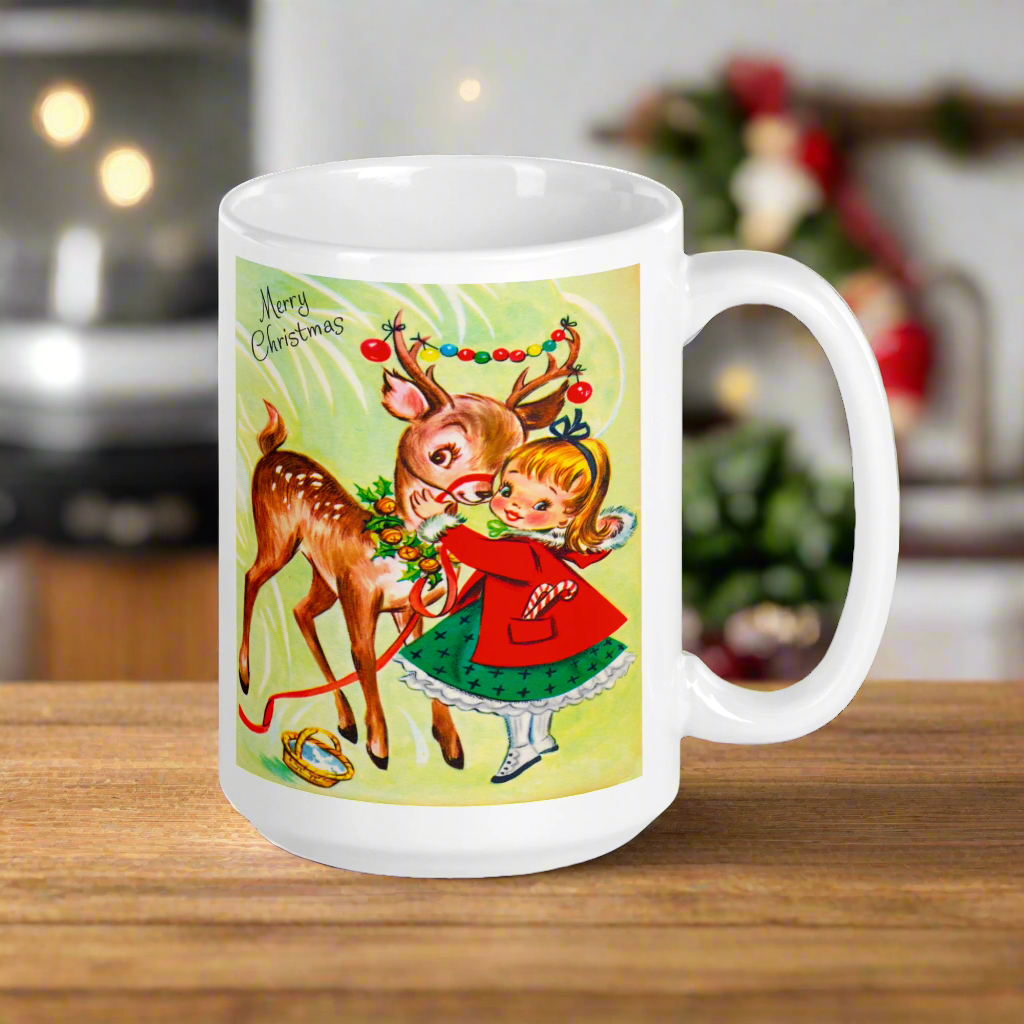 Girl With Reindeer Midcentury Retro Christmas Glossy Coffee Mug