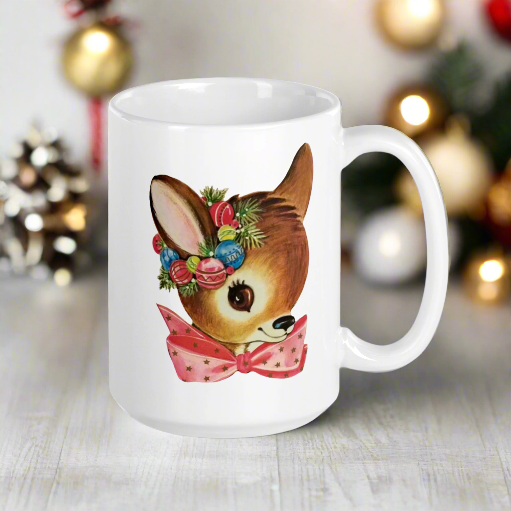 Reindeer Pink Bow Midcentury Retro Christmas Glossy Coffee Mug