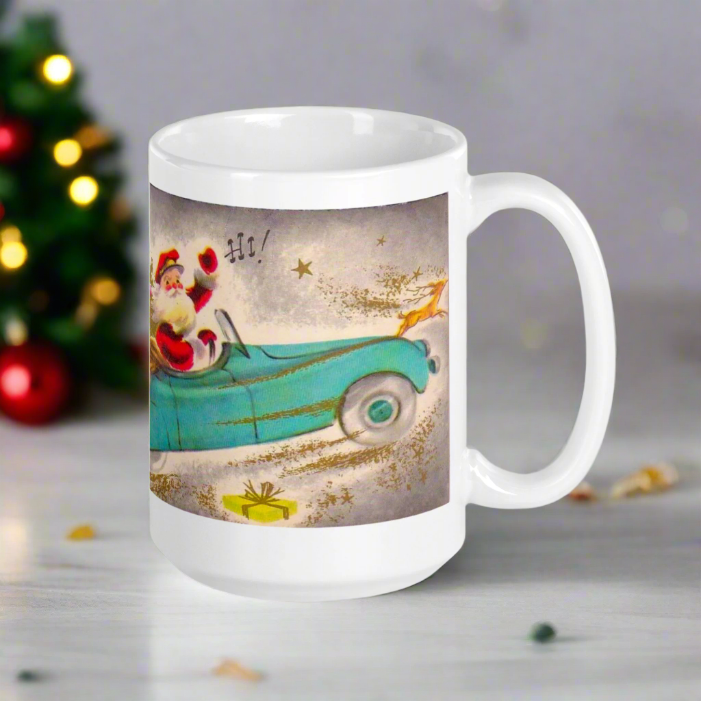 Santa In Convertible Car Midcentury Retro Christmas Glossy Coffee Mug